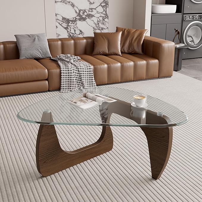 Modern Glass Coffee Table, Triangle Center Table with Tempered Glass Top& Unique Wooden Base, 35.5” Mid Century Tea Tables for Living Room, Apartment, Office,Walnut &Transparent