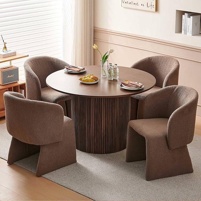 NORDICANA 5-Piece Round Dining Table Set for 4, Rustic 47-Inch Kitchen Table and Chair Set, Dining Set with Brown Upholstered Armchairs, Manufactured Wood Top with Walnut Veneer