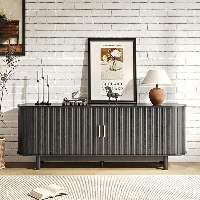 70 Inch Modern Fireplace TV Stand for TVs up to 80 inches, Mid Century TV Console with Solid Wood Legs, Sliding Doors & Curved Design,Media Console for Living Room, Black