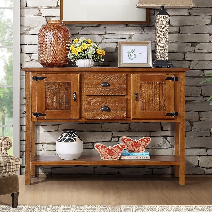 Merax Sideboard Buffet Cabinet with 2 Drawers, Console Table with Shelf for Kitchen, Farmhouse Coffee Bar with Storage, Brown