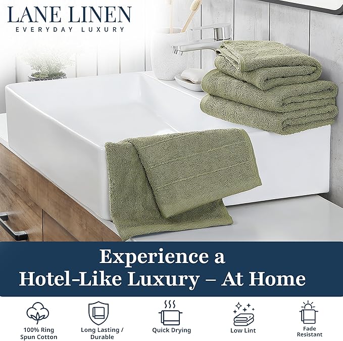 LANE LINEN 4 PCs Hand Towel Set for Bathroom (16"x28") - 100% Ringspun Cotton Hand Towel Set - Quick Dry, Ultra Soft & Absorbent, Durable Large Hand Towels - Tumble Dry Regains Fluffiness - Oil Green