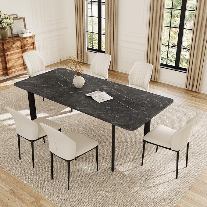 Extendable Dining Table Set for 6-8 People, 63 to 78.7 Inch MDF Kitchen Table with 6 Faux Leather Dining Chairs, Space-Saving for Dining Room, Breakfast Nook (Dark Grey Table & 6 White Chairs)