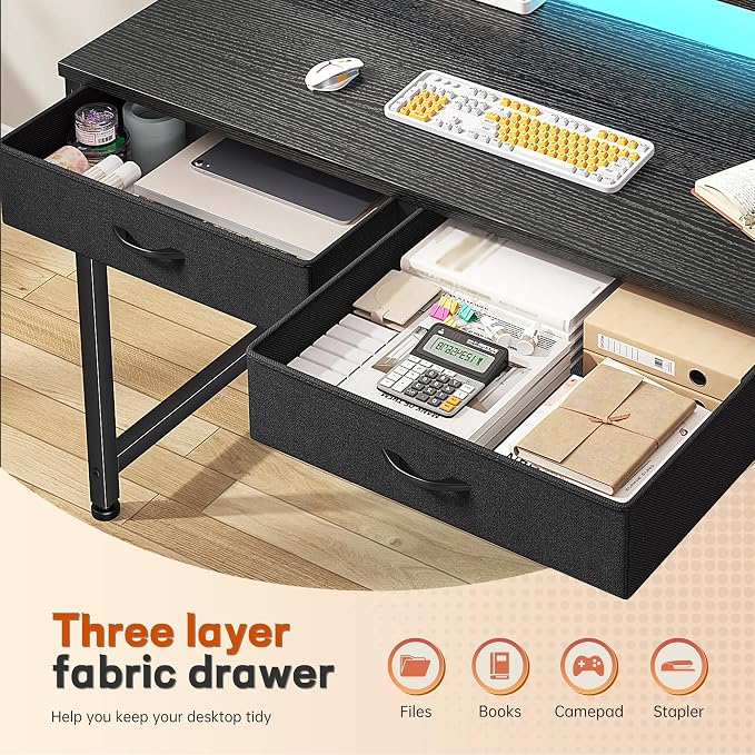 DurayLoly 31Inch Office Computer Desk with LED Lights & 2 Fabric Drawers, Gaming Desk with Side Pocket & Ergonomic Monitor Stand, Small Space Study Writing Table with Anti-Tip Design,Black