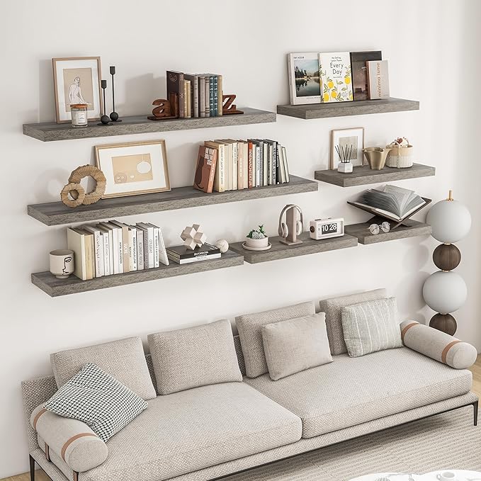 RICHFOCUS 36Inch Floating Shelves for Wall 2 Pack Shelves for Bedroom|Kitchen|Bathroom Wall Mounted Rustic Wood Floating Shelf with Invisible Brackets for Books|Storage|Decor, Grey