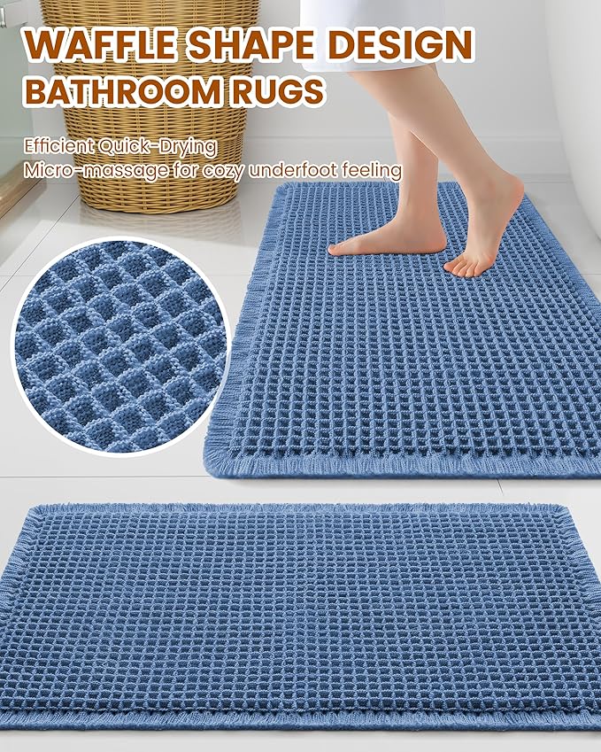 Smiry Waffle Bath Mat 72x24, Extra Soft Absorbent Bathroom Rugs, Non Slip Machine Washable Quick Dry Bath Rugs for Bathroom Floor, Tub, Shower, Home Decor Accessories, Blue