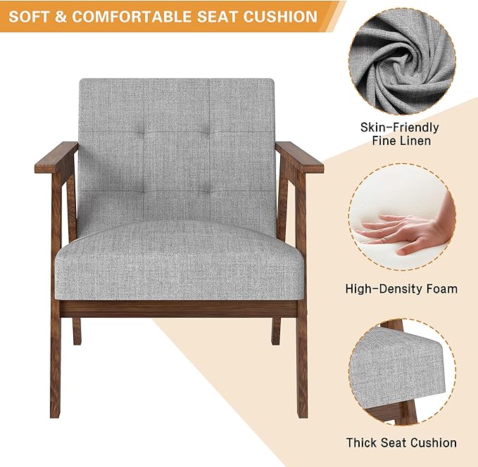 Mid Century Modern Armchair, Upholstered Fabric Lounge Chair with Walnut Finish Frame for Living Room, Comfortable Sofa Chair in Gray