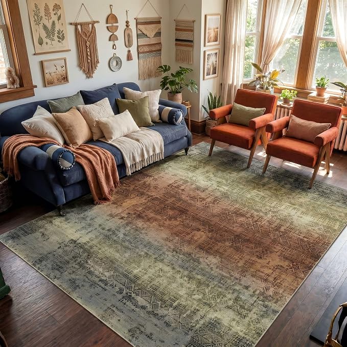 Kokia Abstract Area Rugs Washable Indoor 6x9 Rug Boho Distressed Retro Low Pile Non-Slip Non-Shedding Carpet Bedroom Living Room Dining Room, Warm Brown and Dark Sage Green