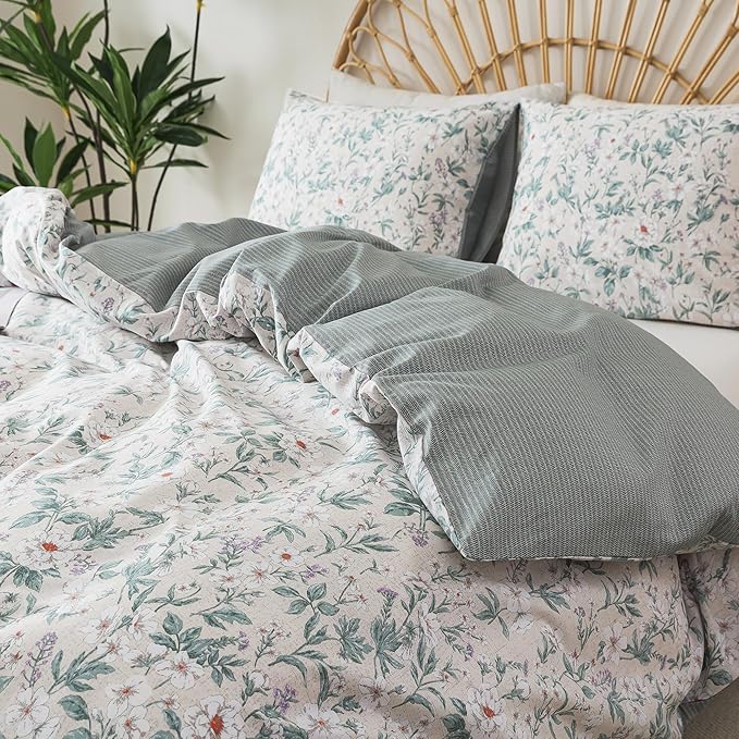 HoneiLife Floral Duvet Cover Queen - 100% Cotton Comforter Cover, Soft Botanical Bedlinen Set with Zipper Closure & Corner Ties,3-Piece Wildflower Comforter Cover Sets, Greenery