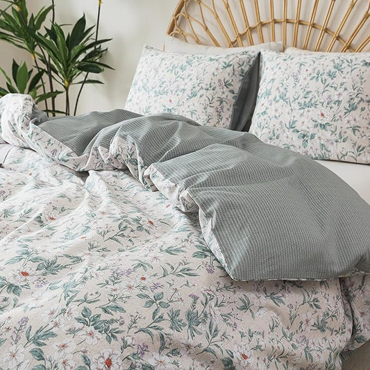 HoneiLife Floral Duvet Cover Queen - 100% Cotton Comforter Cover, Soft Botanical Bedlinen Set with Zipper Closure & Corner Ties,3-Piece Wildflower Comforter Cover Sets, Greenery