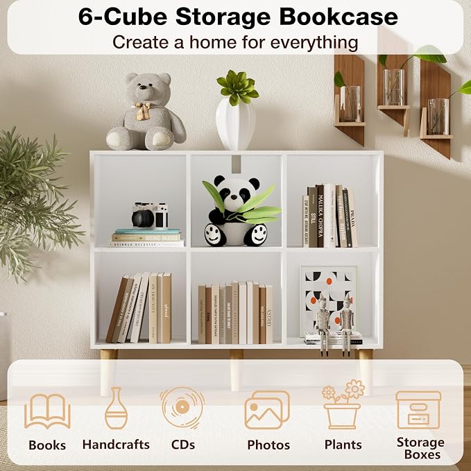 6 Cube Bookcase, Wooden Book Shelf Cube Storage Organizer with Legs, 2 Tier Bookshelf Freestanding Open Shelves for Home Office, Living Room, Bed Room (White, 6 Cube Horizontal)
