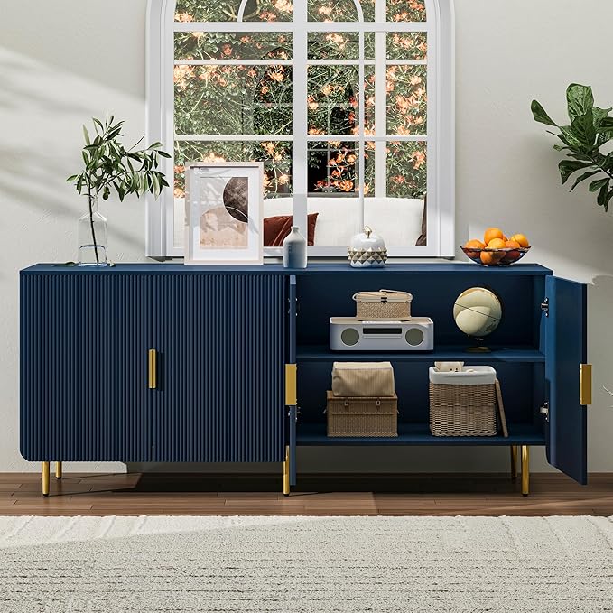 65" Fluted Sideboard Buffet Cabinet with Storage, Console Cabinet with 4 Doors & Adjustable Shelves, Modern Buffet Table for Kitchen Dining Living Room Hallway‌ Entryway, Blue