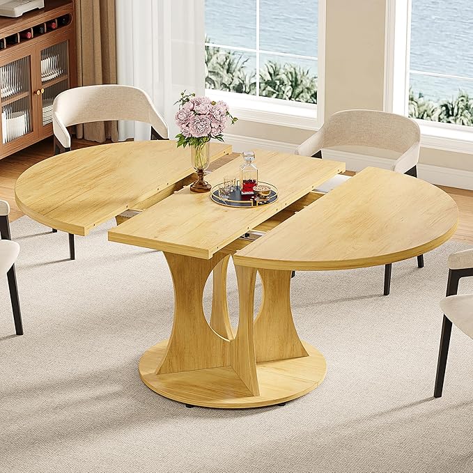 iPormis 43.3-59 Inch Extendable Round Dining Table for 6-8 People, Oval Dinner Table with Adjustable Top and A Stable Round Pedestal Base, Space Saving Wooden Kitchen and Dining Table, Oak