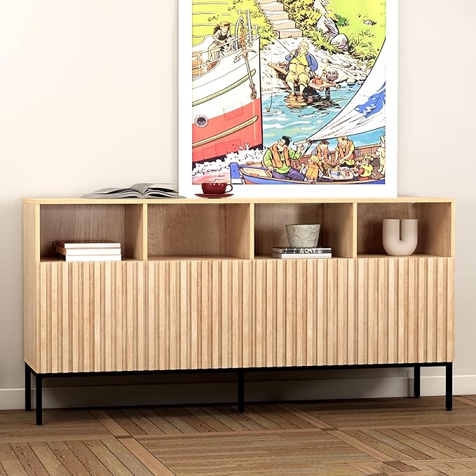 Oxford Fluted Storage Cabinet, Sideboard Buffet Credenza with Doors, Accent Console for Living Dining Room, Entryway, Natural Oak