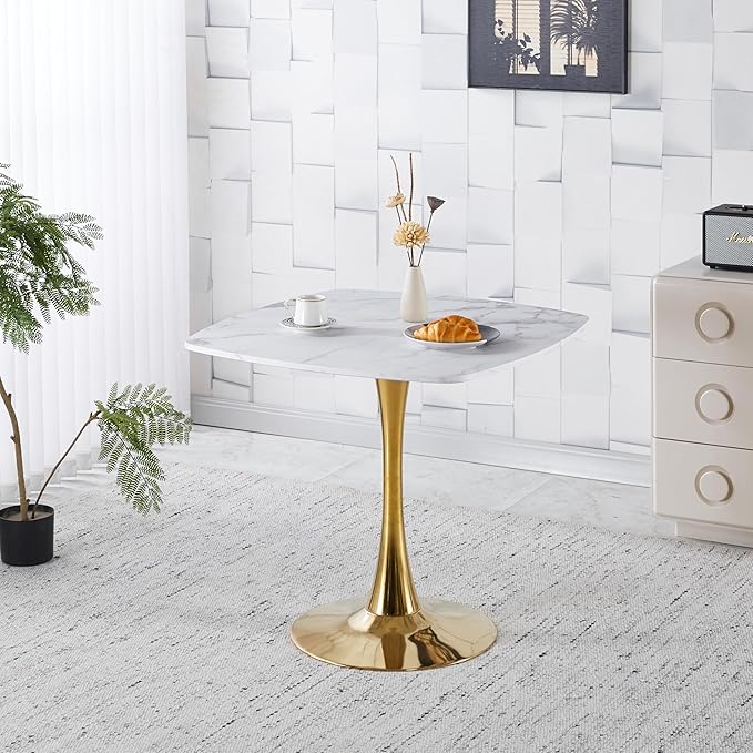 Modern Square Tulip Dining Table, 31.5 Inch White MDF Top with Gold Metal Base, Mid-Century Kitchen Table for 2-4 Persons, Small Space Living Room Bistro Table (Golden+White)