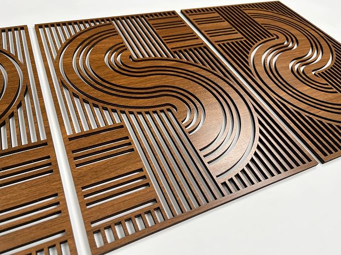 Abstract Retro Design Wood Wall Art Set of 3, Mid Century Curved Line Panels, Bauhaus Geometric Modern Wooden Decor, Housewarming Gift for Living Room and Bedroom