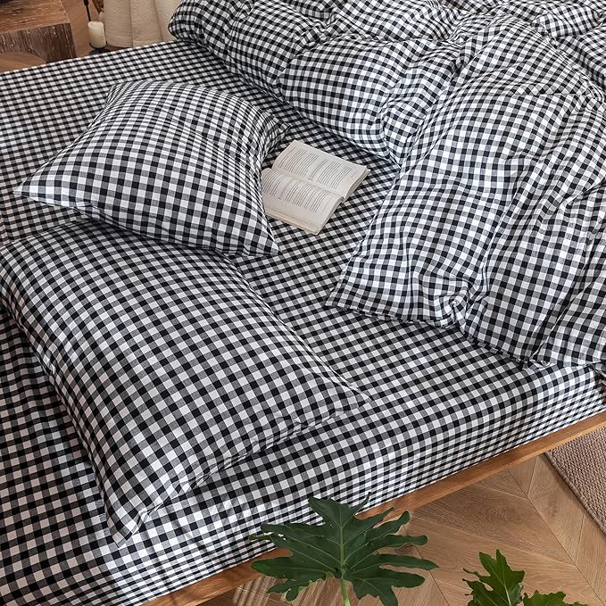 MooMee Gingham Duvet Cover Set 100% Washed Cotton Linen Like Textured Breathable Durable Soft Comfy Modern Checkered Design (Black White Gingham, Full 80"x90")