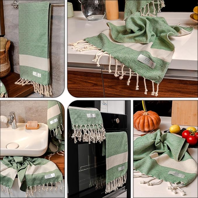 Hand Towels - Set of 2 | 18" x 30" - Decorative Turkish Hand Towel for Bathroom, Kitchen, Guest, Face, Hair, Tea, Dishcloth (Diamond, Apple Green)