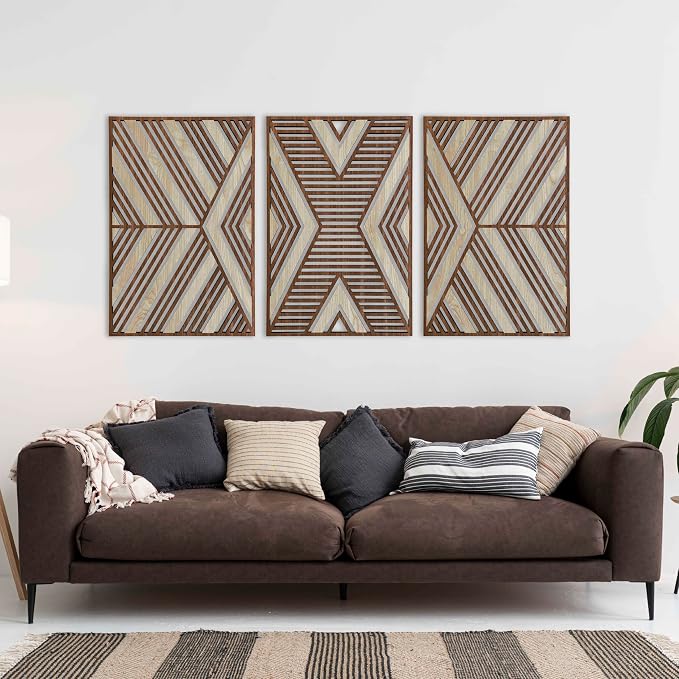 Art Deco Style Geometric Wood Wall Art, Mid Century Modern Wooden Wall Art Panel, Large Wall Decor for Bedroom, Office or Living Room