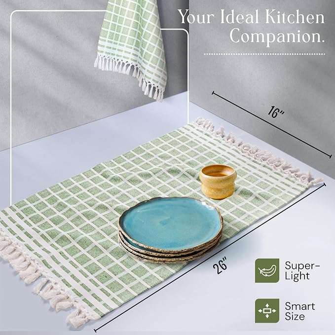 Matrix Dobby Kitchen Towels 12 Pack 100% Cotton, 16x26 Inches, Fast Drying, Absorbent Dish Towels with Handmade Tassels, Reusable Cleaning Cloths for Daily Use - Mint Green, White