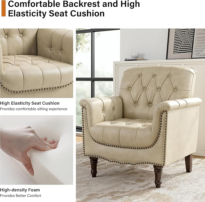 Faux Leather Club Chairs Set of 2, Retro Upholstered Armchair Accent Chair with Solid Wood Legs & Nailhead Trim for Living Room/Reading Room, Beige