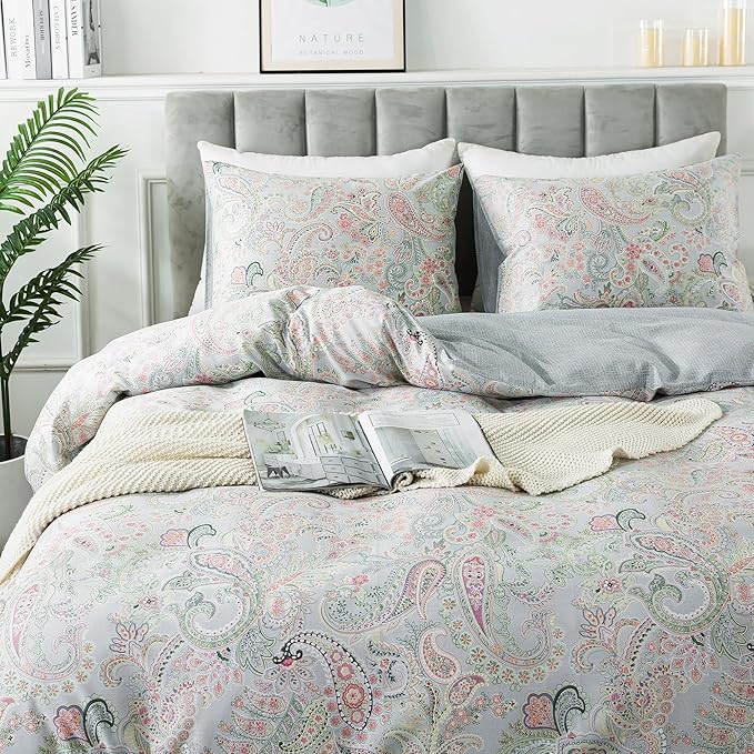 HoneiLife Wildflower Duvet Cover Queen - 100% Cotton Comforter Cover Sets, 3-PC Comfortable Floral Duvet Cover Sets,Soft & Breathable Duvet Cover with Zipper Closure & Corner Ties, Paisley