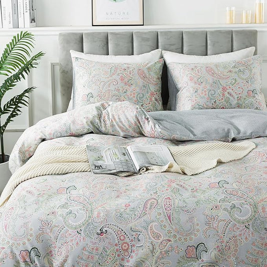 HoneiLife Wildflower Duvet Cover Queen - 100% Cotton Comforter Cover Sets, 3-PC Comfortable Floral Duvet Cover Sets,Soft & Breathable Duvet Cover with Zipper Closure & Corner Ties, Paisley