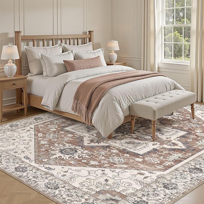 Area Rug 7x9 for Living Room - Washable Oriental Vintage Floral Distressed Large Indoor Carpets with Non Slip Back for Bedroom Dining Room Nursery Office Home Decor -Terracotta/Brown