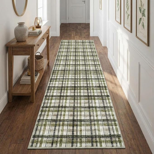 2x8 Runner Rug Bathroom Rugs Non Slip Machine Washable Hallway Rug Modern Soft Non-Shedding Kitchen Runners for Bathroom Bedroom Entryway Nursery, Green&Taupe