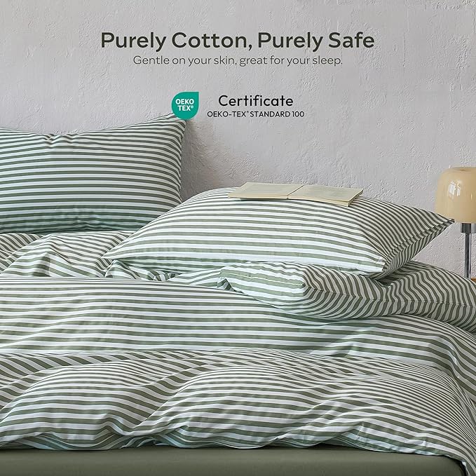 JELLYMONI Striped Duvet Cover Set - King Size Comforter Cover, Classic Green & White Stripes, 100% Cotton 3 Pcs Bedding with Zipper Closure & 8 Corner Ties for Master or Guest Bedroom