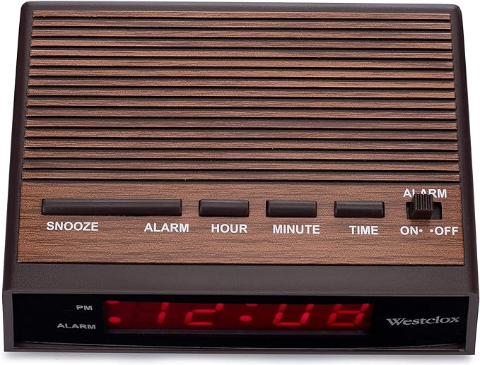 Westclox Retro Wood Style Small Night Table Alarm Clock with Red LED Display, 9-Minute Snooze, Battery Backup, Easy Electric Operation for Bedroom, Home or Office – Woodgrain