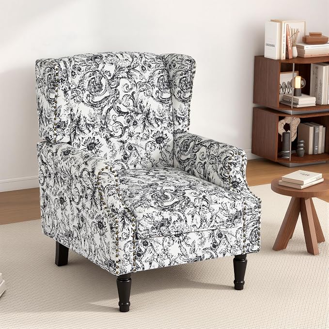 High Back Floral Accent Chair, Fabric Wingback Chair Upholstered Armchair for Living Room - Rococo Black