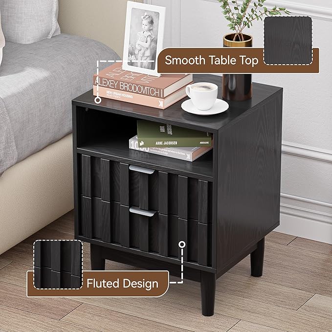 Fluted Nightstand Set of 2, 19" Wide Night Stand with Solid Wood Legs, Open Storage Shelf, Mid Century Modern Wooden Bedside Table for Bedroom, Bed End Side Table, Black