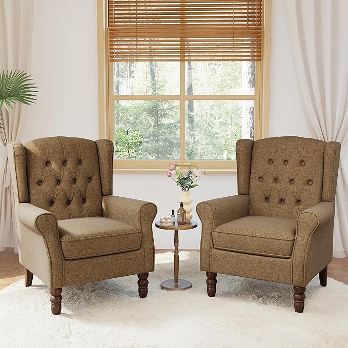 Accent Chairs Set of 2, High Back Upholstered Chair with Button Tufted, Mid-Century Modern Comfy Wingback Chair Reading Armchair in Fabric for Living Room for Bedroom, Office-Brown