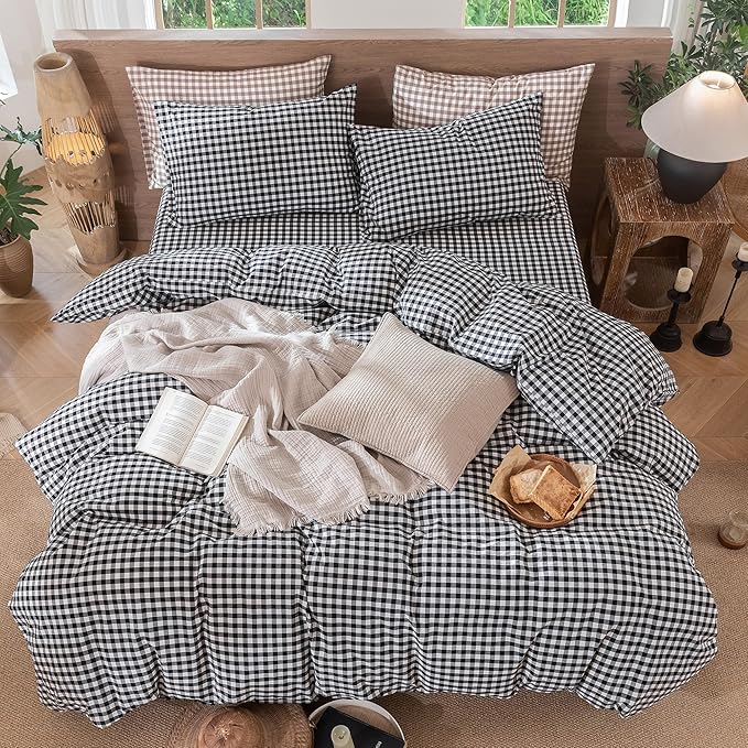MooMee Gingham Duvet Cover Set 100% Washed Cotton Linen Like Textured Breathable Durable Soft Comfy Modern Checkered Design (Black White Gingham, Palatial King/Oversized King 120"x98")