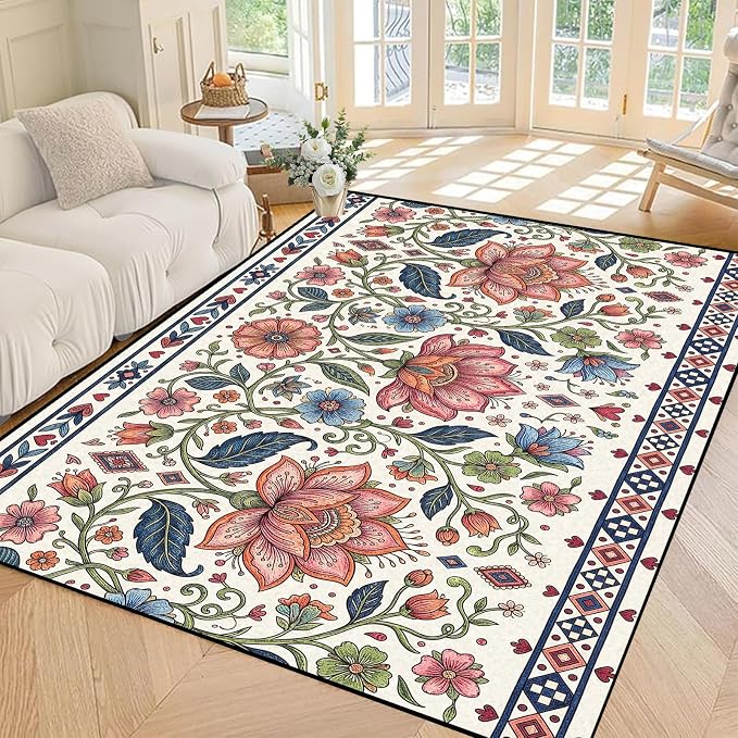 5'x7' Boho Floral Area Rug Vintage Colorful Botanical Carpet Non-Slip Washable Rugs for Bedroom Living Room Nursery Kitchen Playroom Home Decor
