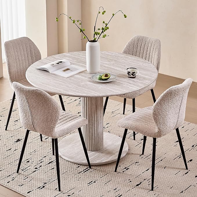47" Round Dining Table for 4, [Cylinder Pedestal Base] [Stone-Patterned] Modern Circle Dinner Table for Kitchen Dining Living Room, Grey