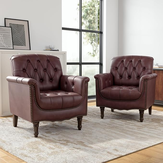 Faux Leather Club Chairs Set of 2, Retro Upholstered Armchair Accent Chair with Solid Wood Legs & Nailhead Trim for Living Room/Reading Room, Dark Red