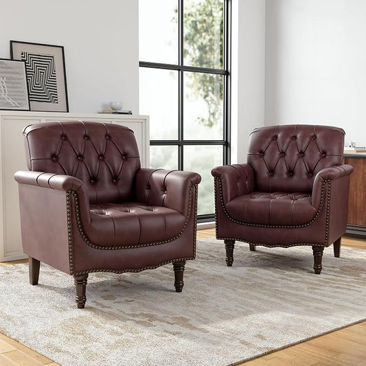 Faux Leather Club Chairs Set of 2, Retro Upholstered Armchair Accent Chair with Solid Wood Legs & Nailhead Trim for Living Room/Reading Room, Dark Red