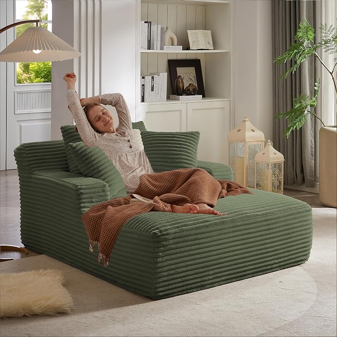 50 Inch Oversized Chaise Lounge Chair Indoor, Corduroy Upholstered Sleeper Sofa Bed with Spring Cushion, No Assembly Lazy Boneless Chaise Lounge for Bedroom Office, Green