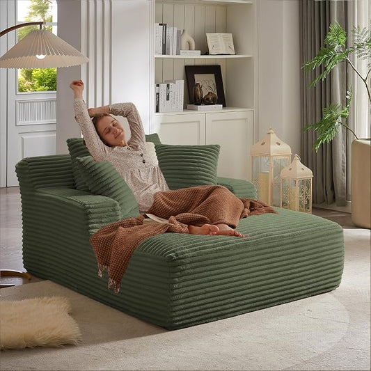50 Inch Oversized Chaise Lounge Chair Indoor, Corduroy Upholstered Sleeper Sofa Bed with Spring Cushion, No Assembly Lazy Boneless Chaise Lounge for Bedroom Office, Green
