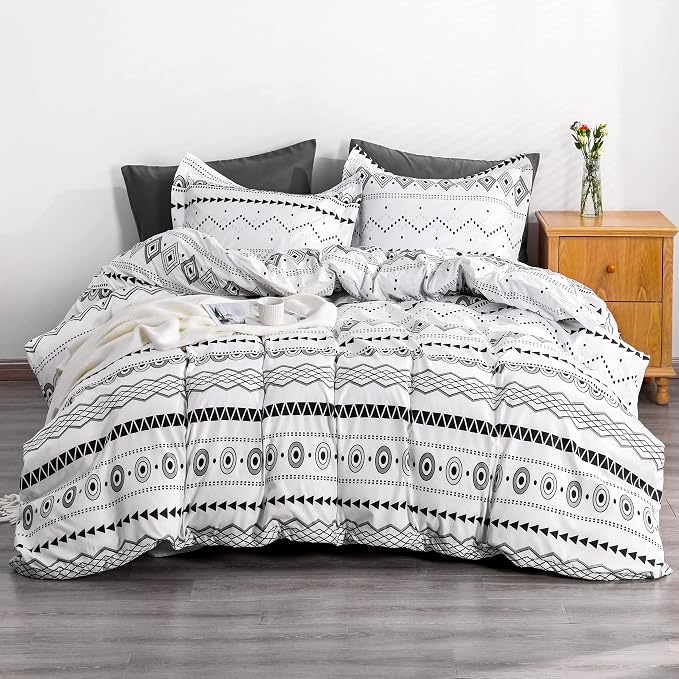 NTBAY 2 Pieces 100% Brushed Microfiber Striped Duvet Cover Set for Kids, Super Soft Black and White Printed Reversible Design Zipper Comforter Cover with Ties and Pillow Sham (Twin/Twin XL, Bohemia)