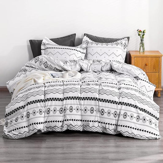 NTBAY 2 Pieces 100% Brushed Microfiber Striped Duvet Cover Set for Kids, Super Soft Black and White Printed Reversible Design Zipper Comforter Cover with Ties and Pillow Sham (Twin/Twin XL, Bohemia)