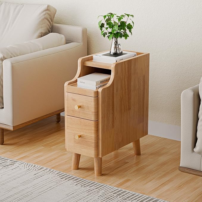 Narrow Nightstand Set of 2, 19.7" H Pre-Assembled Solid Wood Small Skinny Night Stand with Drawers, Open Sliding Shelf, Mid Century Modern Slim Bedside Table for Bedroom, End Side Table, Natural Oak