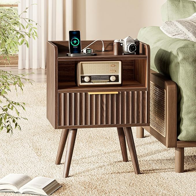 Huuger Nightstand with Charging Station, USB-C Port, Fluted Night Stand Set of 2, Bed Side Table with Drawer, Solid Wood Feet, Open Storage, End Table with Raised Edge, for Bedroom, Walnut