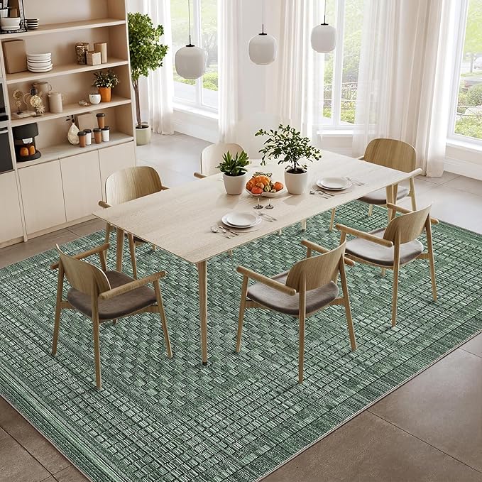 Washable Rug 5x7 Area Rug for Living Room Bedroom Rug Modern Contemporary Large Area Rug Non Slip Throw Rugs Soft Faux Wool Low Pile Stain Resistant Carpet for Dining Room 5'x7' Green
