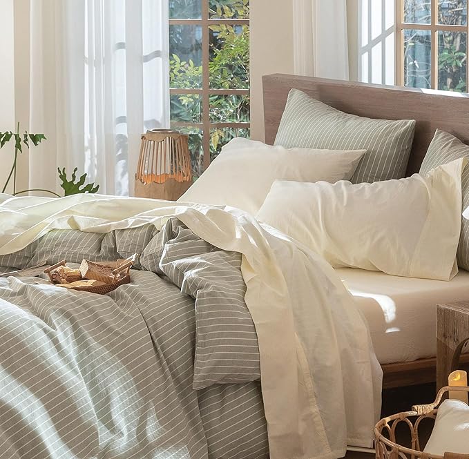 MooMee Bedding Sheet Set 100% Washed Cotton Linen Like Textured Breathable Durable Soft Comfy (Solid Cream White, Full)