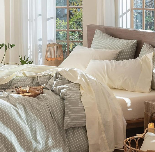 MooMee Bedding Sheet Set 100% Washed Cotton Linen Like Textured Breathable Durable Soft Comfy (Solid Cream White, Full)