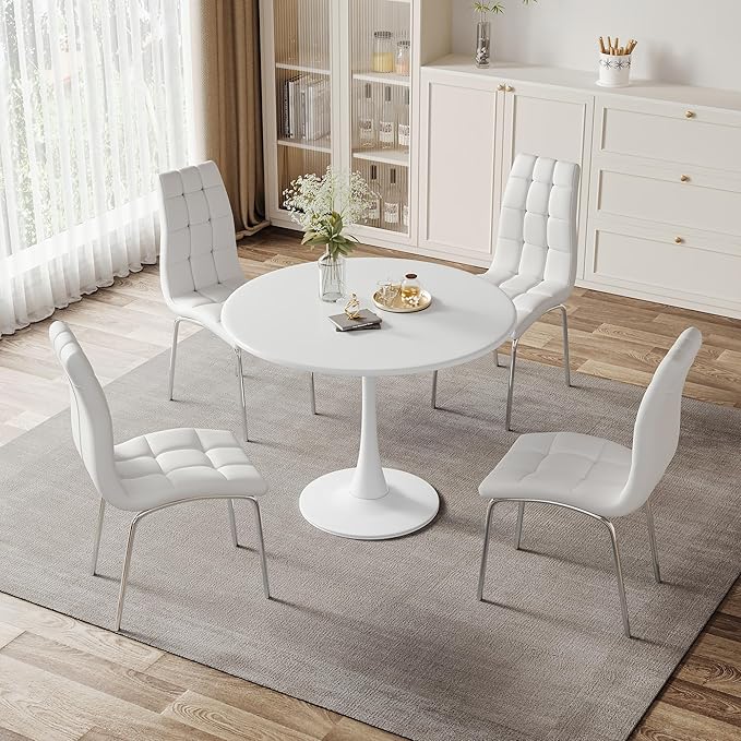 AF ARTISAN FURNITURE White Round MDF-Metal Dining Table Set for 4, 31.5" Round Tulip Table Kitchen Dining Table with 4 PU Chairs for Office Living Room Small Space Patio Balcony