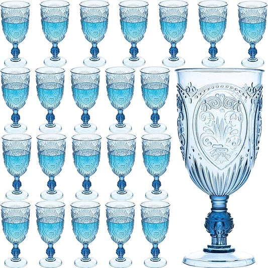 JLYLOL Plastic Wine Glasses 24Pcs Plastic Goblets 7.5oz Colored Retro Embossed Glassware Vintage Stemmed Drinking Cup Reusable Water Goblets for Wedding Reception Grand Event Party Bar,Whiskey (Blue)