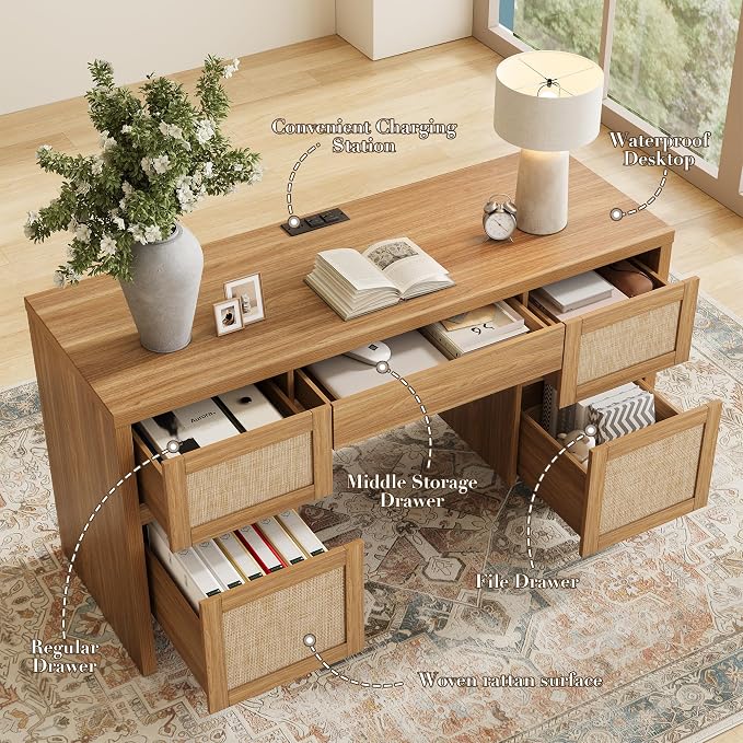 Yechen Executive Desk with 5 Drawers, 57" Modern Rattan Home Office Desk with Charging Station, File Drawer, Farmhouse Boho Computer Writing Desk for Study, Work, Walnut Brown